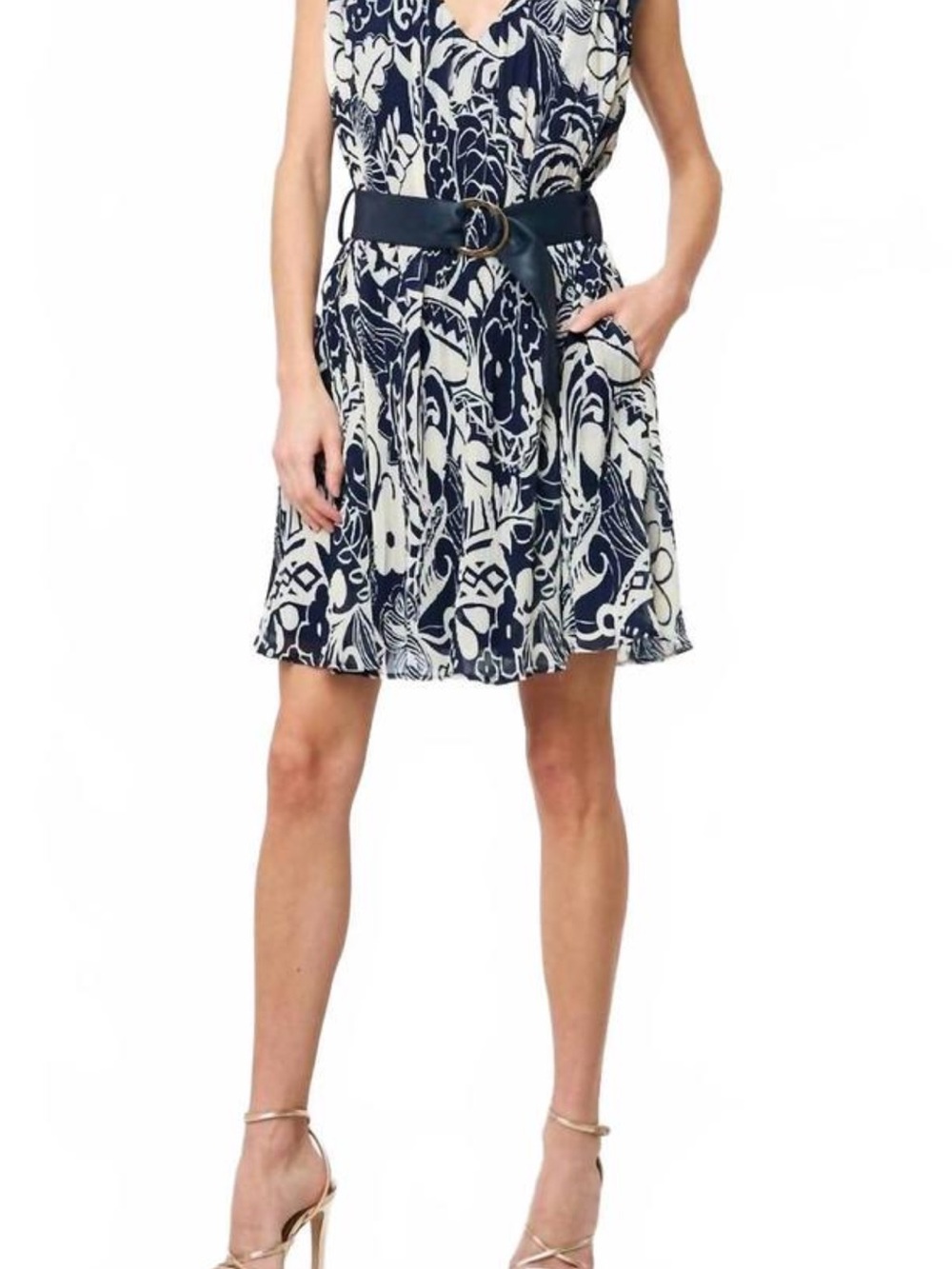 Navy & White Printed V-Neck Mini Dress with Belt